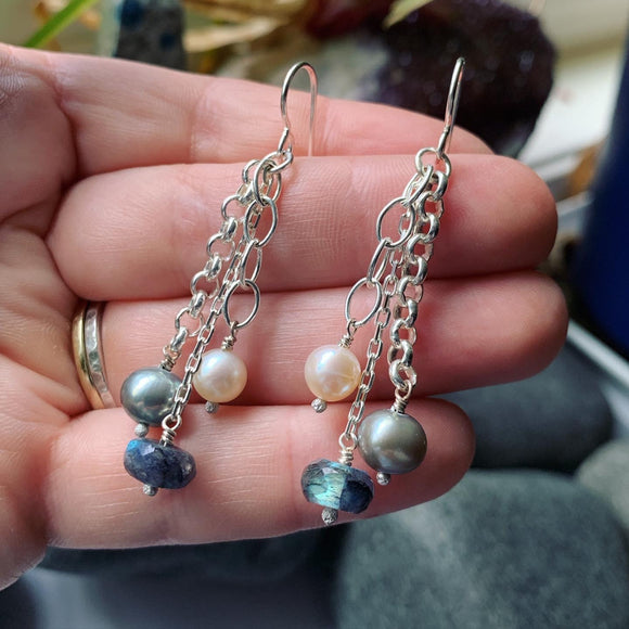 Labradorite, Pearl and Sterling Silver Earrings